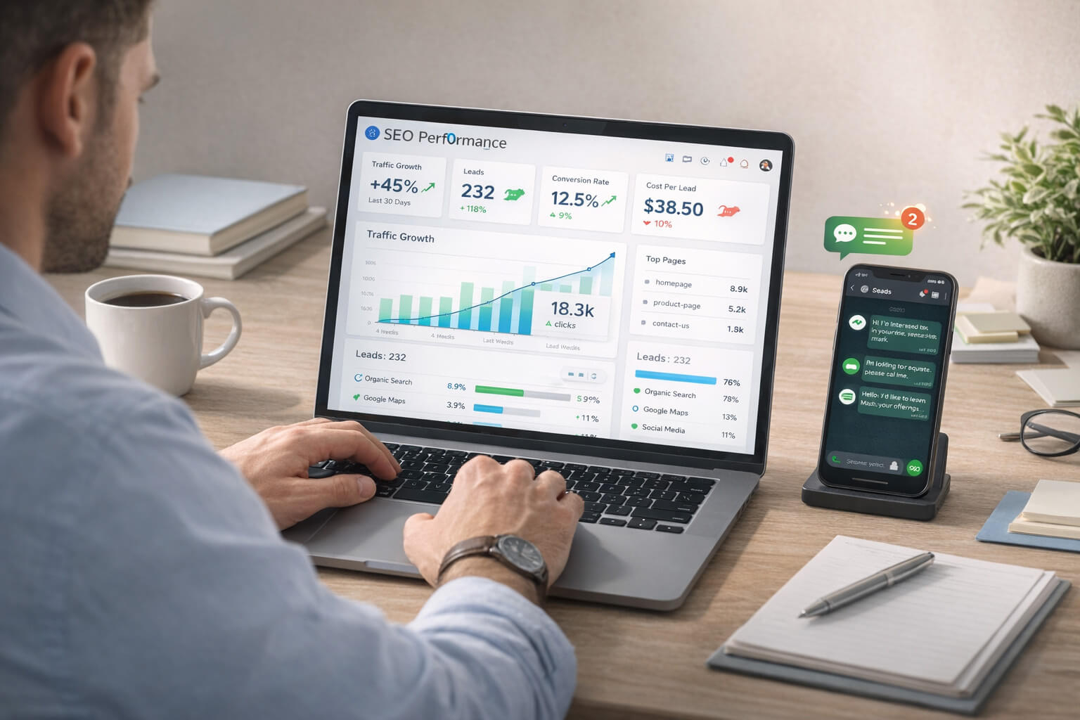 Анализ эффективности SEO на ноутбуке: рост трафика, заявки и метрики бизнеса